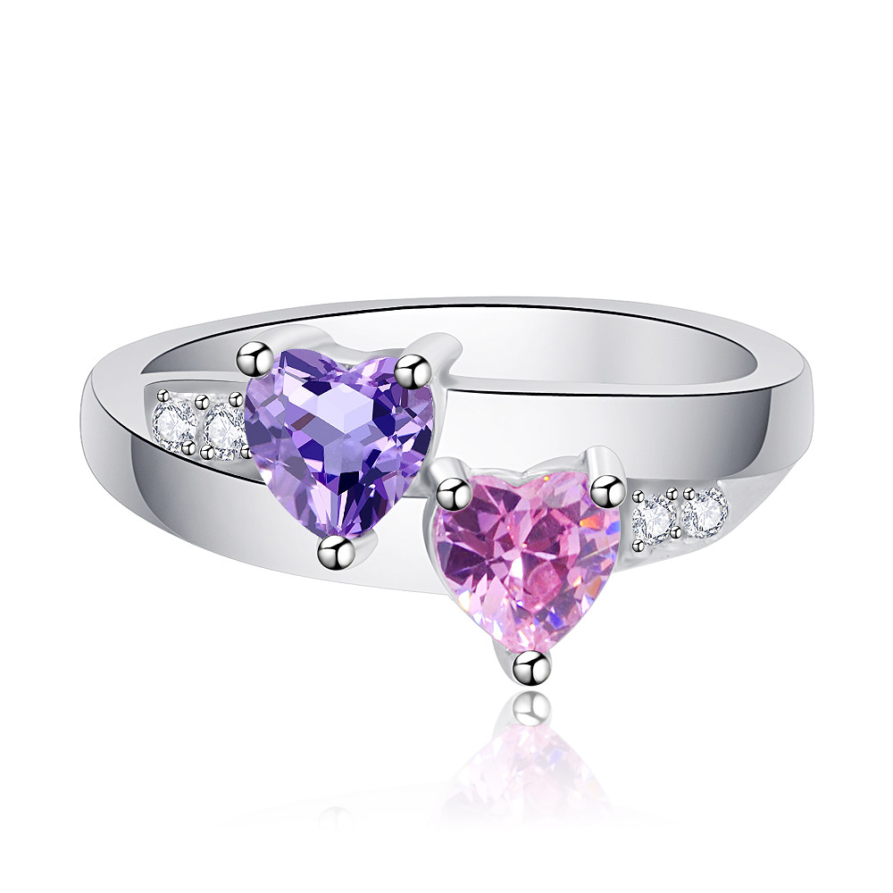 Double Heart Amethyst Purple and Pink CZ Ring